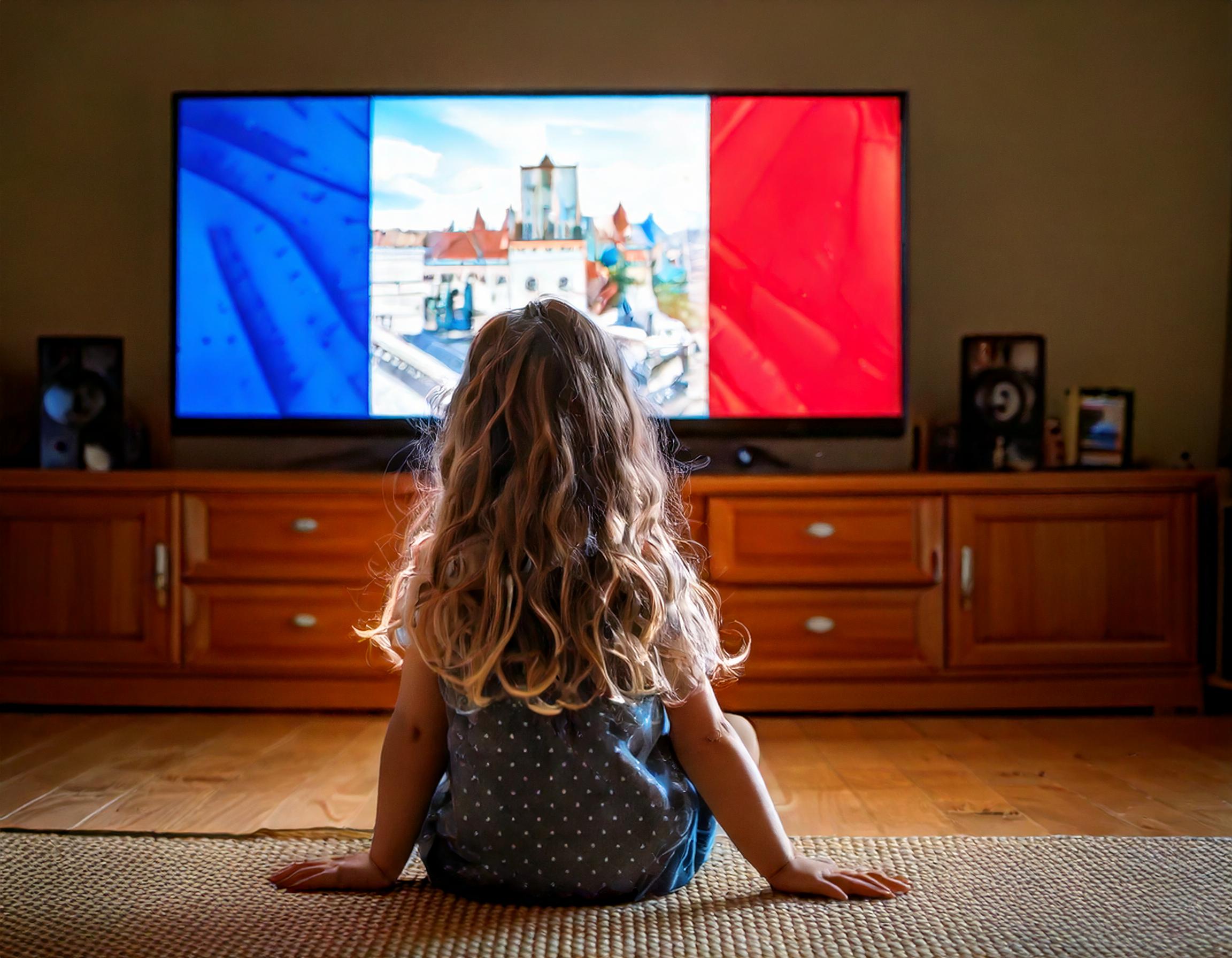 Ein Kind sitzt auf dem Boden vor dem Fernseher und schaut französische Zeichentrickserien